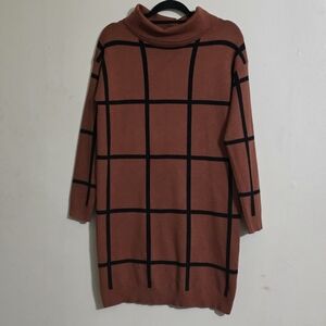 Cozy Casual Brown Cowl Neck Sweater Dress with Black Grid Pattern